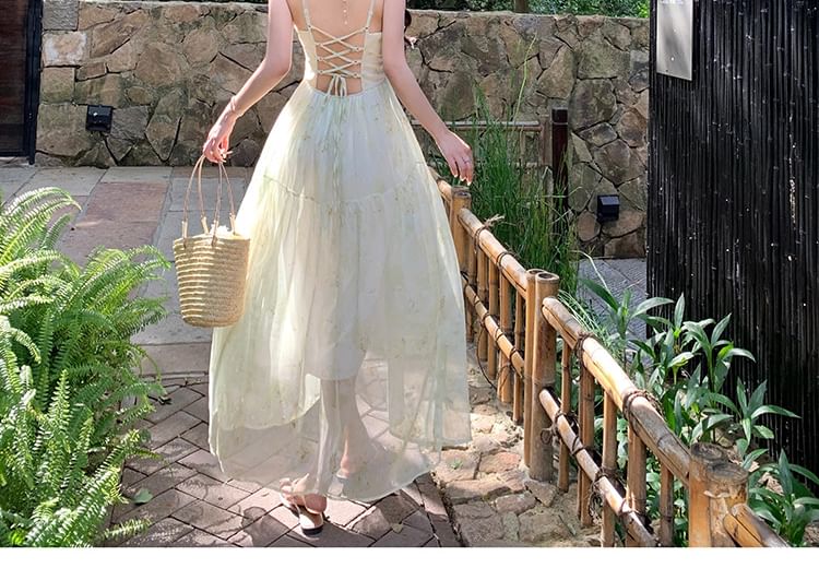 Morning Glory - Maxi A-lijn jurk met spaghettibandjes en print