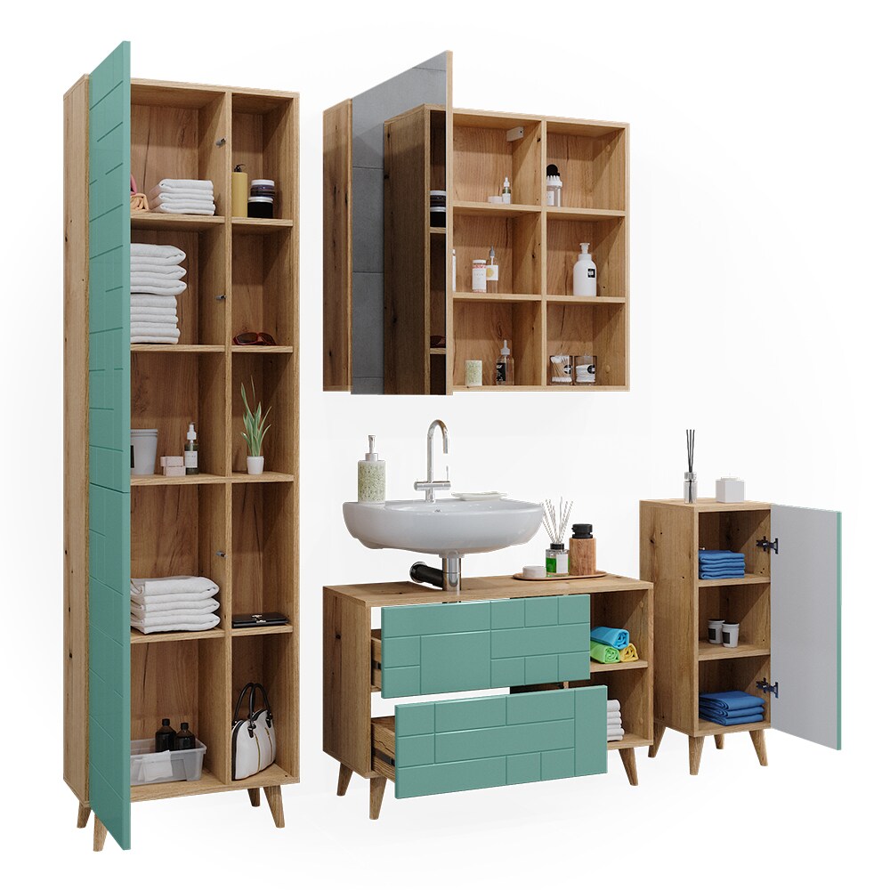 Vicco Badmöbel-Set Rudi in Eiche Evoke Mintgrün, Badezimmer, moderne Badserie Waschbeckenunterschrank Spiegelschrank Hochschrank Midischrank