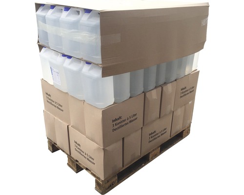 Pallet gedestilleerd water met 144 x 5 liter jerrycans (720 liter) volledig gedemineraliseerd