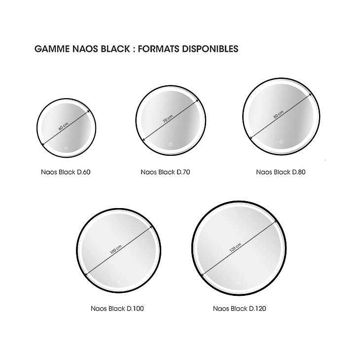 Miroir de salle de bains lumineux LED noir rond Ø70 cm, MPGlass Naos Black