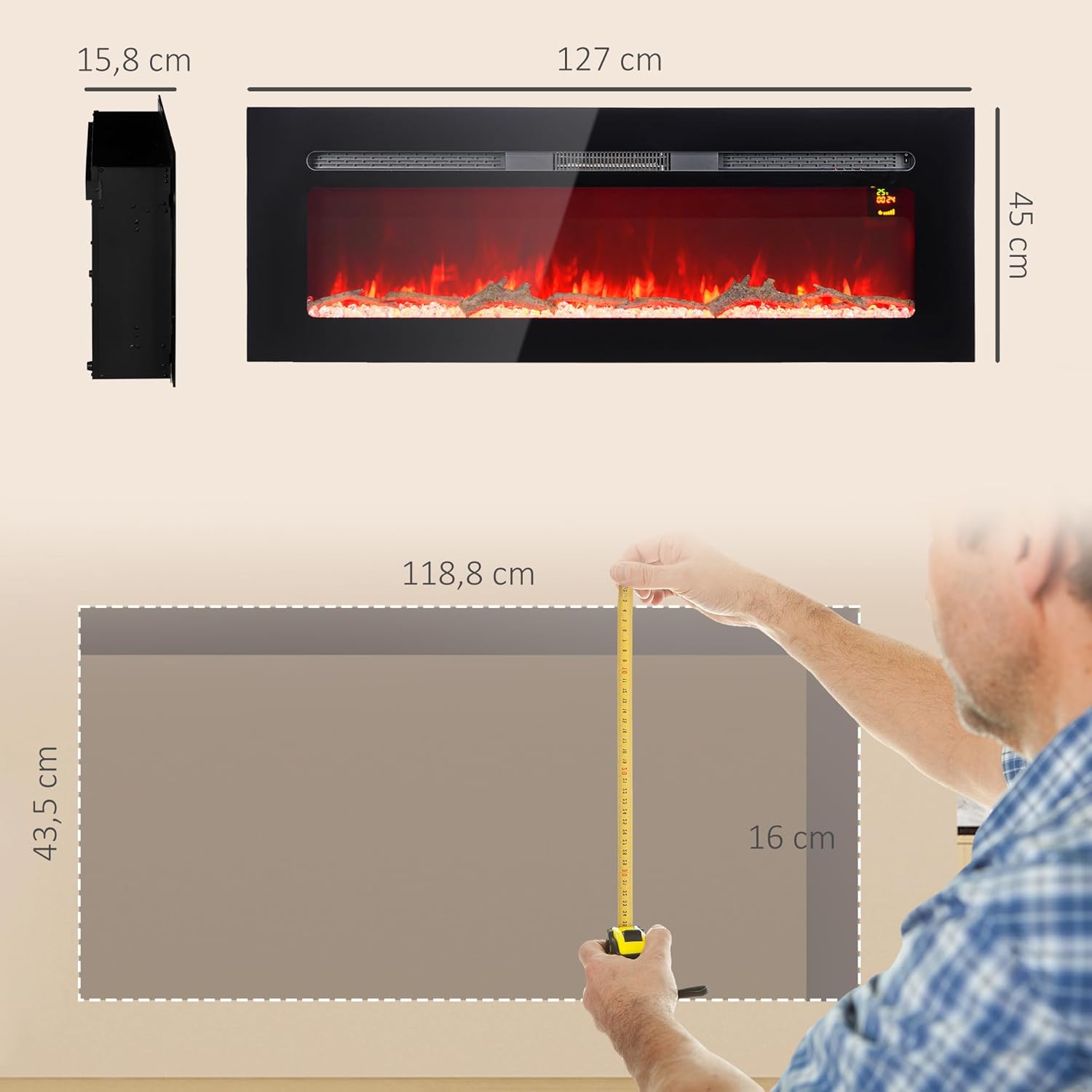HOMCOM Elektrokamin, Wandkamin mit Heizung 1800 W, LED 3D-Flammeneffekt, Kristalle, in 3 Farben mit 5 Helligkeitsstufen, Elektrischer Kamin mit Fernbedienung, Timer, Touchscreen, Wandmontage, Schwarz