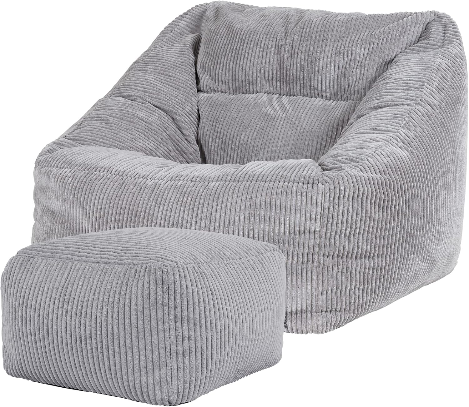 Icon Natalia Sitzsack Sessel mit Hocker für Erwachsene, Grau, Flauschiger Cord Stoff, Riesen Sitzsack Cord mit Füllung, Bean Bag Chair, Bequemer Sessel Wohnzimmer, Lounge, Schlafzimmer, Büro