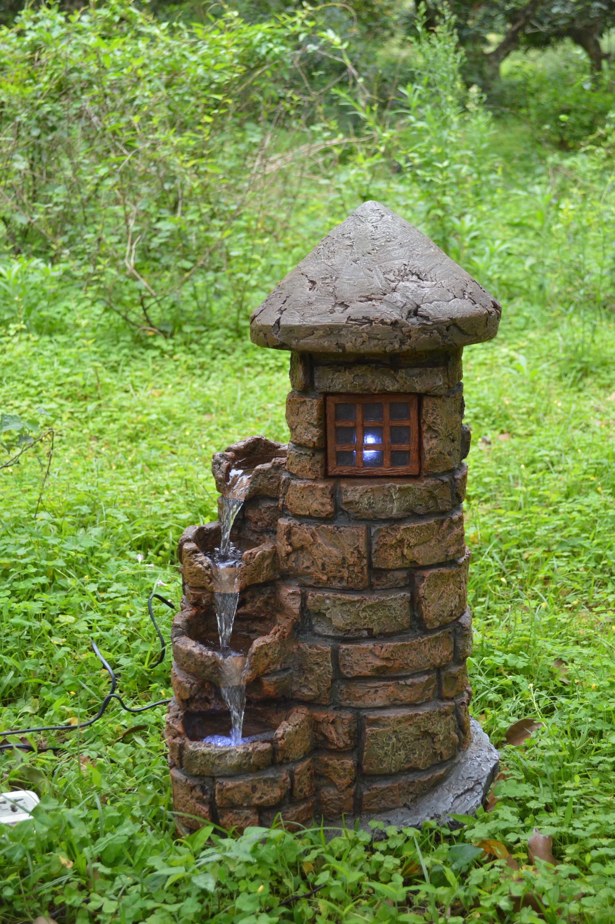 Brunnen Holz Stein Optik Wasserspiel Springbrunnen Kaskaden Dekobrunnen Garten