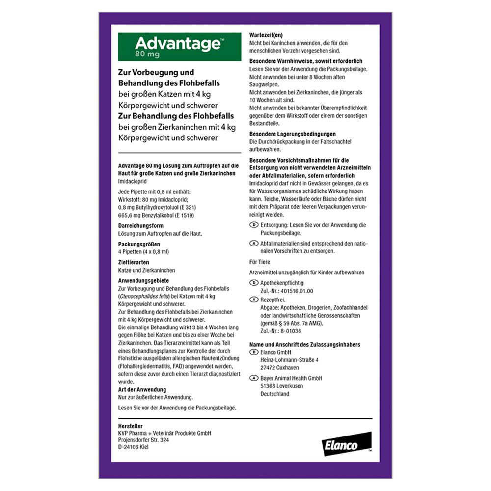 Advantage® 80 mg für Katzen und Zierkaninchen über 4 kg Körpergewicht