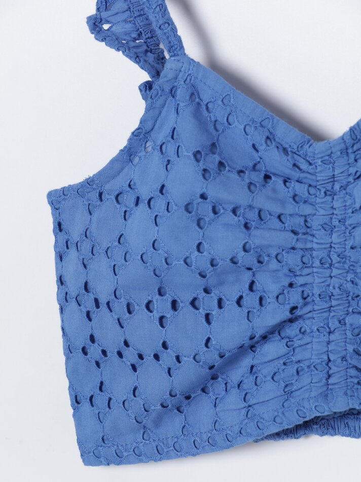 Blusa suíça bordada com babados - Azul-marinho