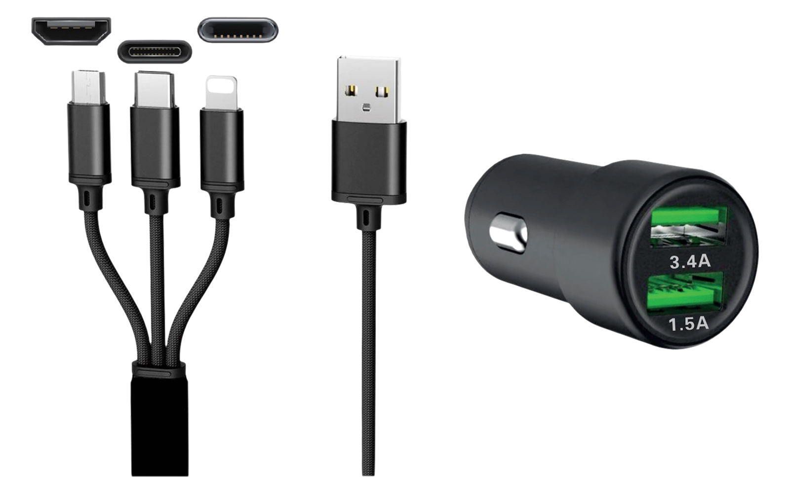 IWH Dual 3 in 1 USB Ladegerät für Autos 3 Anschlüsse 1,2 Meter