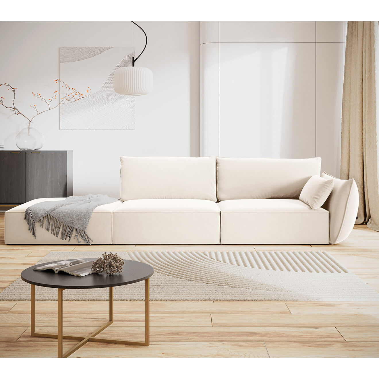 Mazzini Sofas Canapé droit  Velours Vanda 4 Places beige clair - 286x100x85 cm