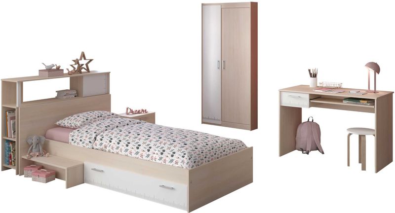 Charly - Kinderkamercombinatie - Inclusief Kinderbed - Achterbouwstuk - Nachtkastje - Kledingkast - Bureau