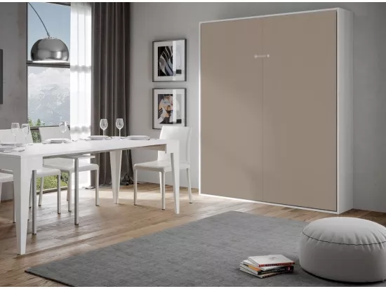 Lit escamotable vertical frêne blanc et porte beige kanto 160x190