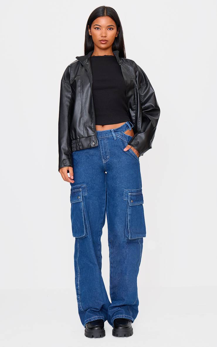 Bleu Indigo Jean Cargo À Taille Asymétrique Avec Découpes