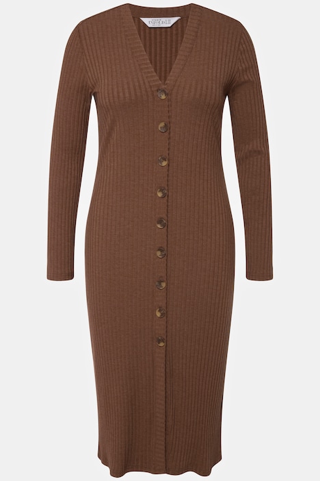 Midikleid, Slim Shape, Rippjersey, V-Ausschnitt, Langarm