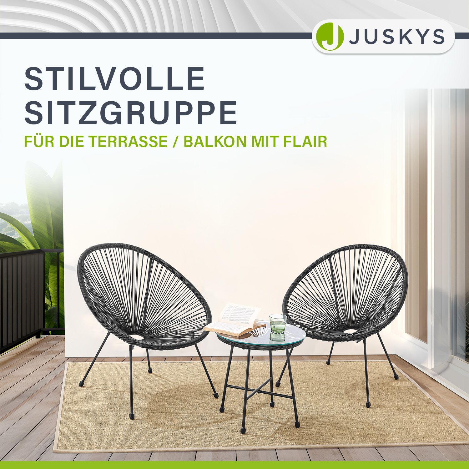 Juskys Balkonmöbel Set Ostana 3-teilig mit Tisch & 2 Sesseln - stilvolles Gartenmöbel Schwarz