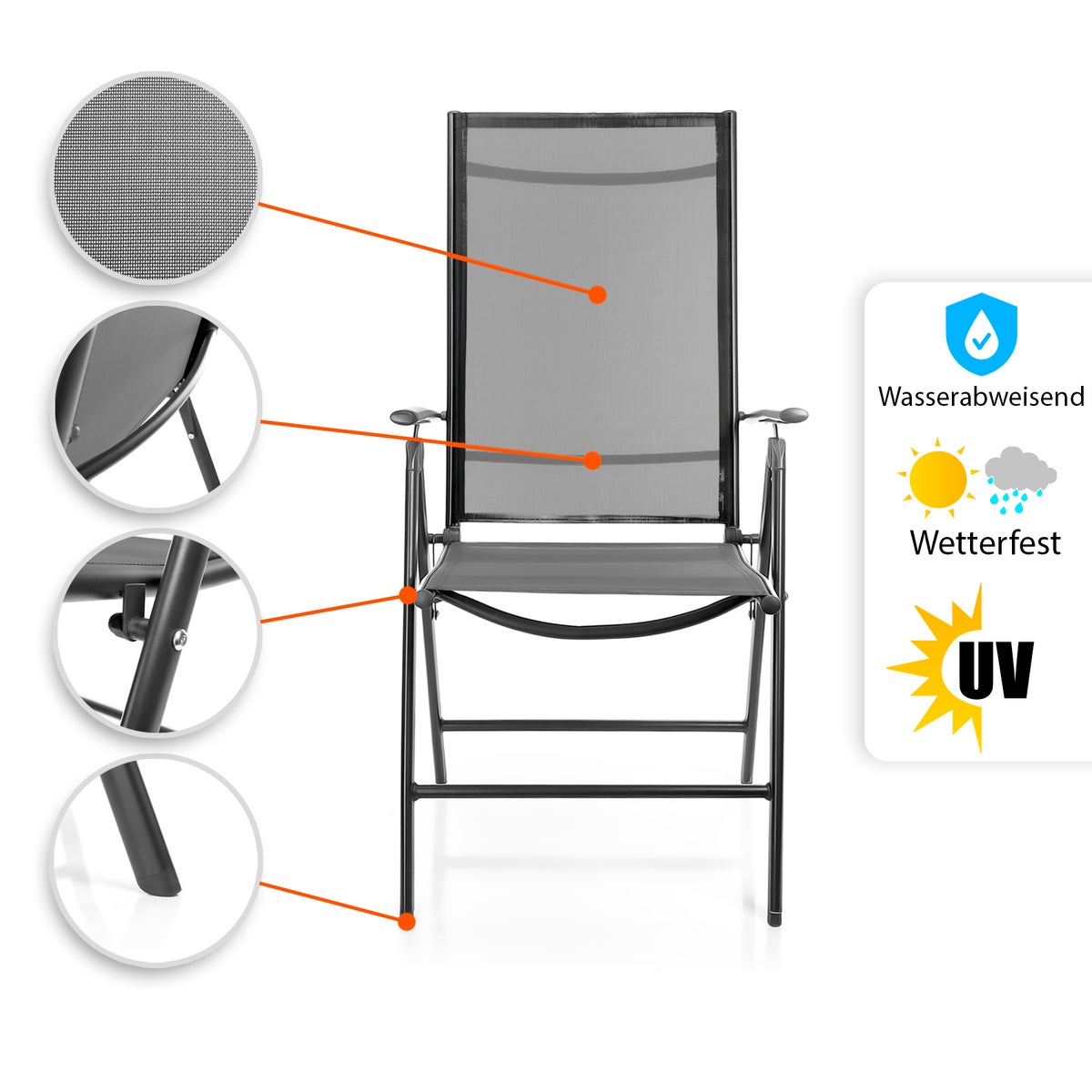 BigDean 2-delige tuinstoelen, donkergrijs, draagvermogen 120 kg - balkonstoelen, tuinstoel - opvouwbare stoel met 7-voudig verstelbare rugleuning - hoogwaardige kampeerstoel voor balkon, tuin en terras