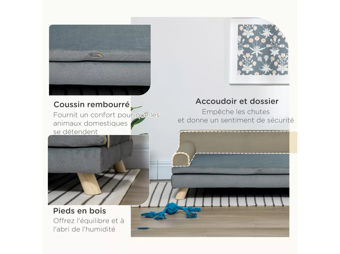 Canapé chien lit pour chien design scandinave coussin moelleux piètement bois dim. 100L x 62l x 32H cm polyester gris