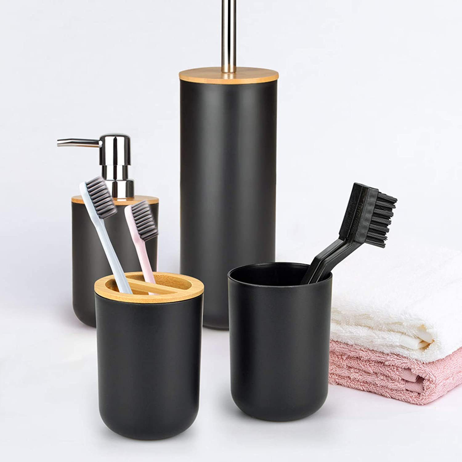 (7-tlg. Set) Bambus Badezimmer Accessoire Bad Essentials - Grau / Braun