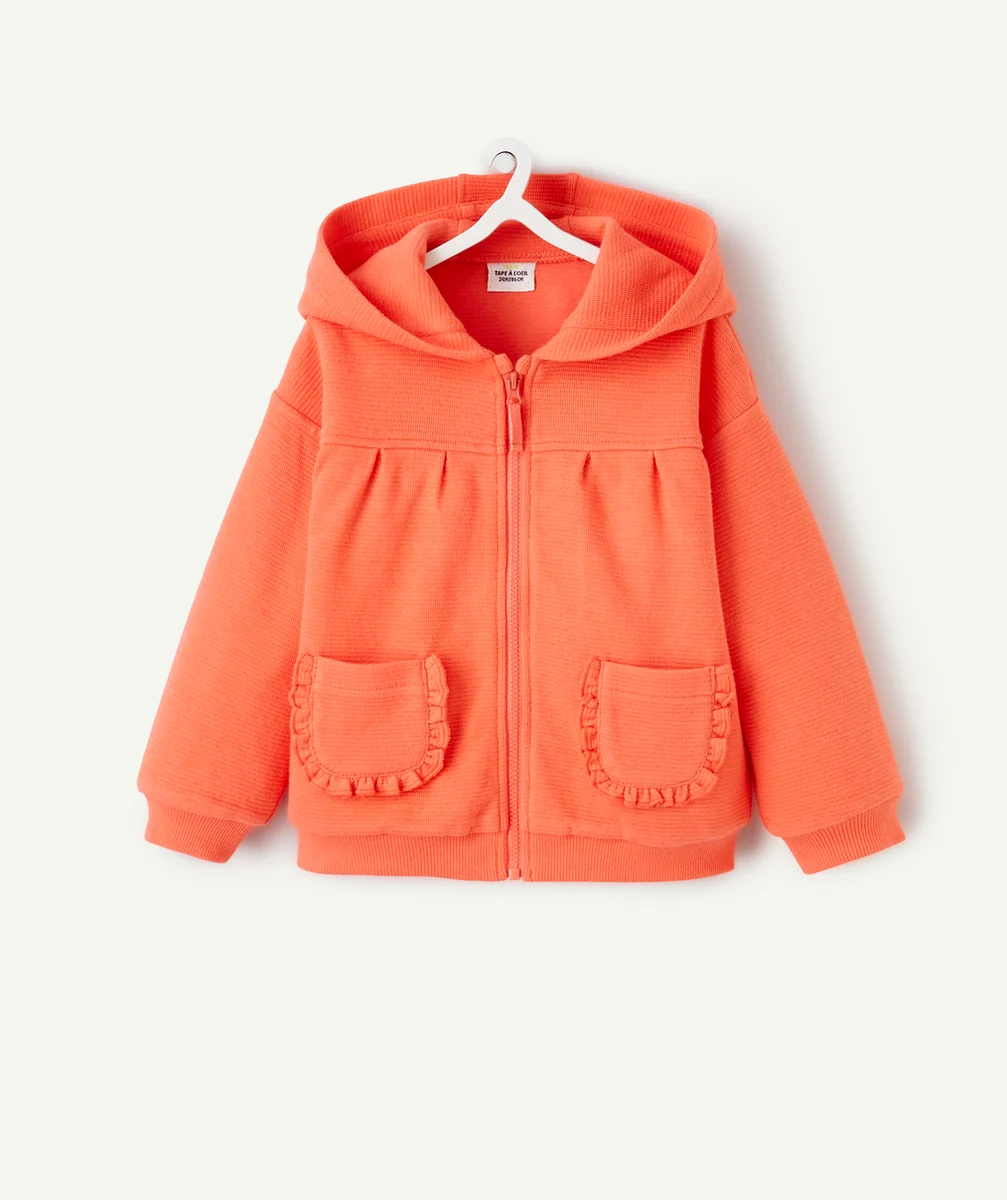 GILET À CAPUCHE BÉBÉ FILLE CORAIL AVEC POCHE À VOLANTS