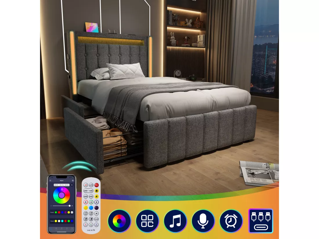Lit capitonné 90 x 200 cm avec 2 tiroirs - Prises USB, Type C et éclairage LED - Tissu en lin - Gris (sans matelas)