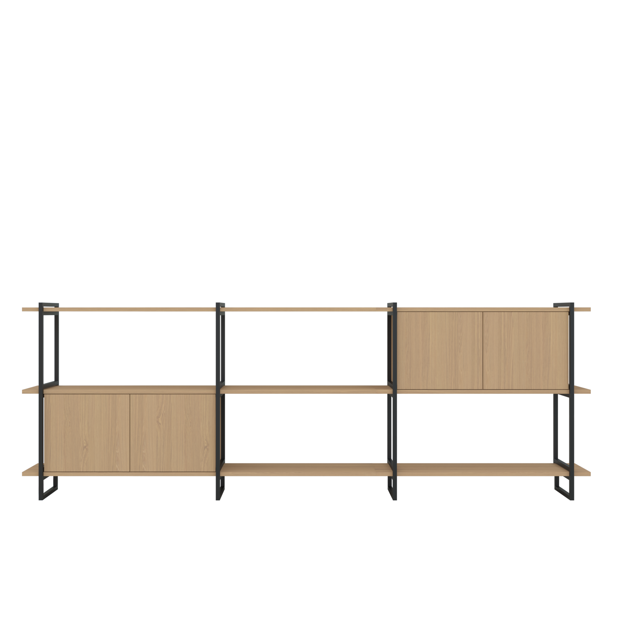 Modular Cabinet MC-3 Wandkast Hardwax Olie 3041, 3 x plank Large,  2 x Closed Oak Cabinets, Zwart Frame