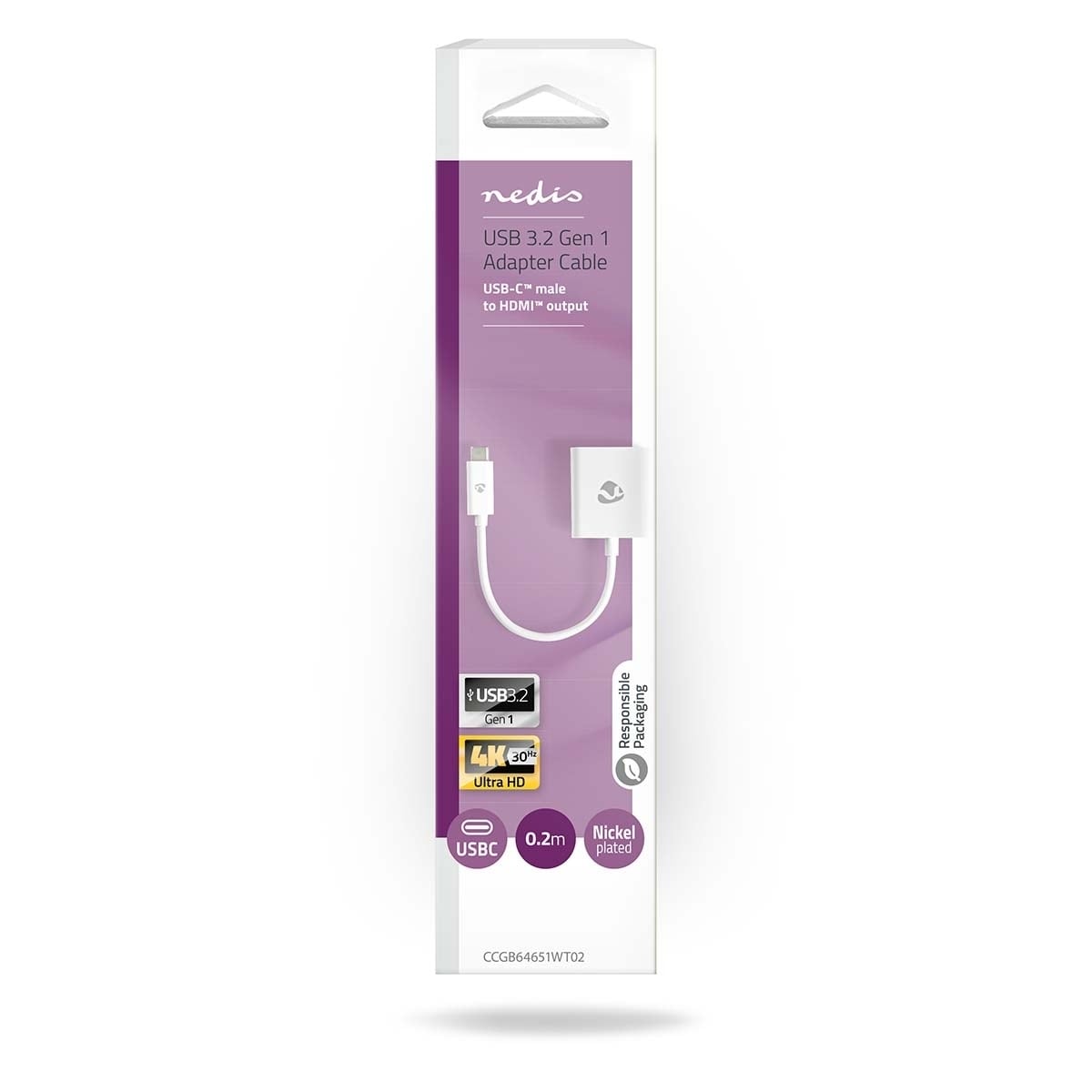 Nedis USB-C™ Adapter | USB 3.2 Gen 1 | USB-C™ Hann | HDMI™ Output | 4K@30Hz | 0.20 m | Rund | Nikkel belagt | PVC | Hvit | Boks