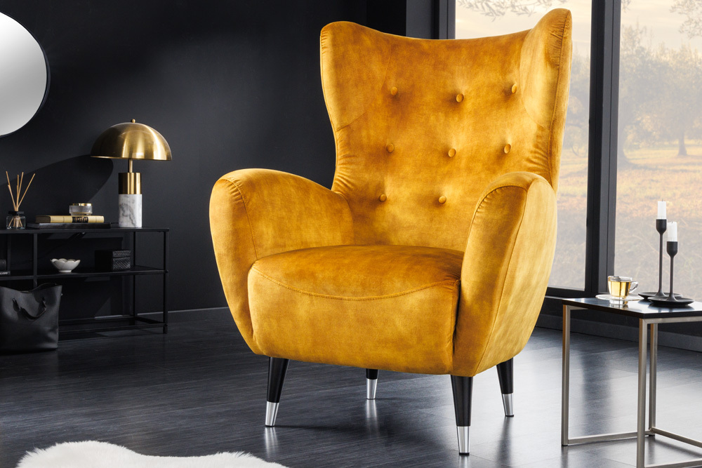 Retro Design Sessel DON senfgelb Samt Federkern silberne Fußkappen