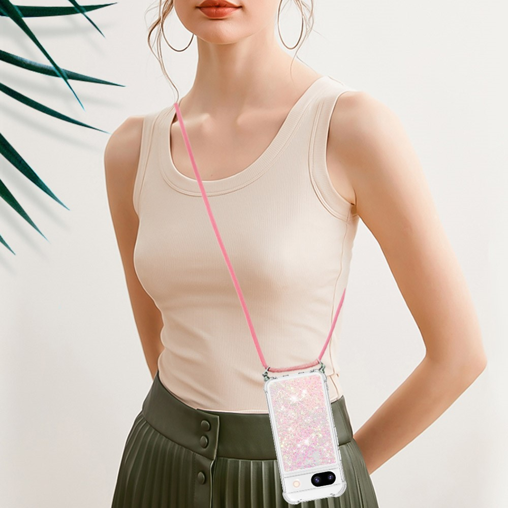 Google Pixel 8a Necklace Gummi Hülle Liquid Glitzer   Handykette (130cm) - Rosa