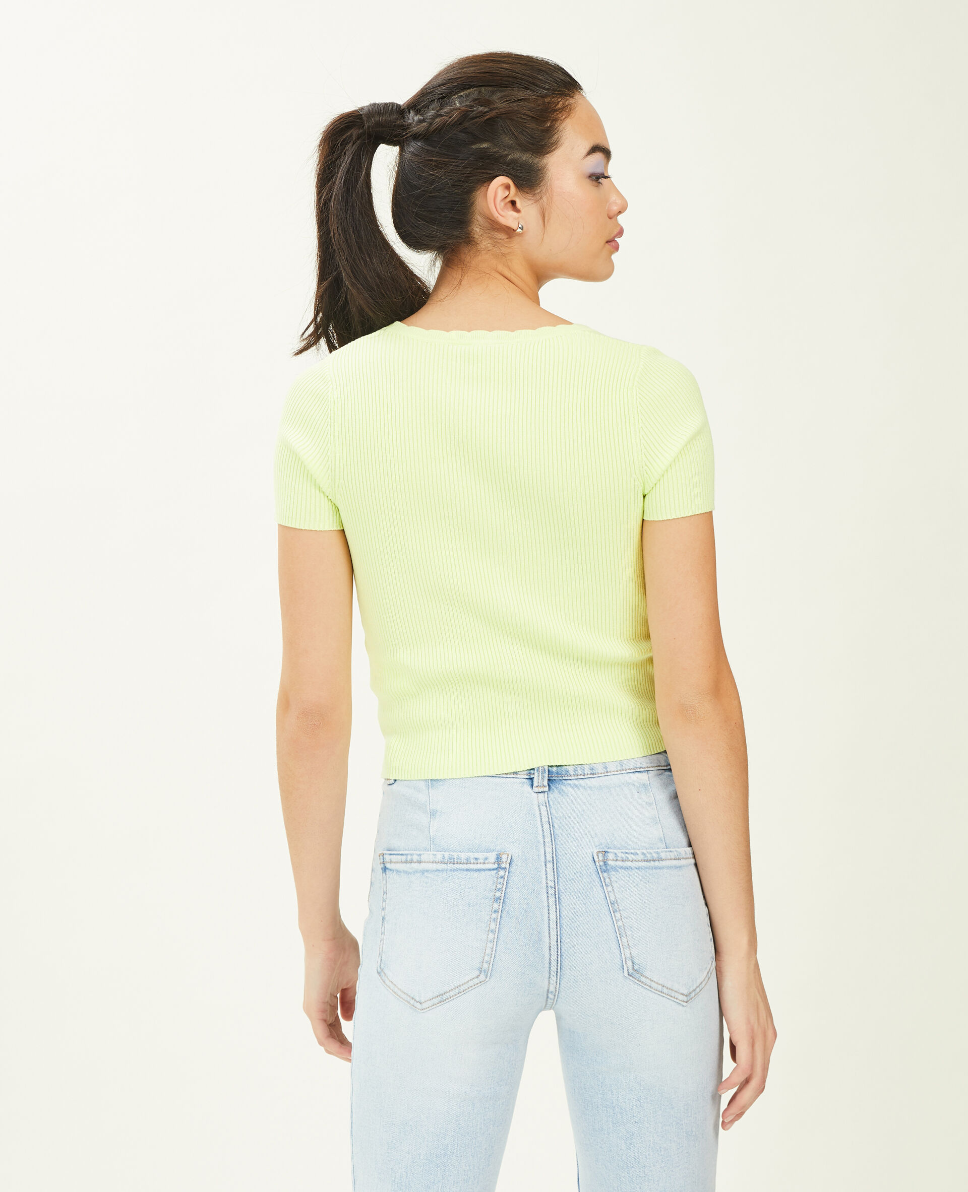 Top boutonné maille côtelée - Vert anis