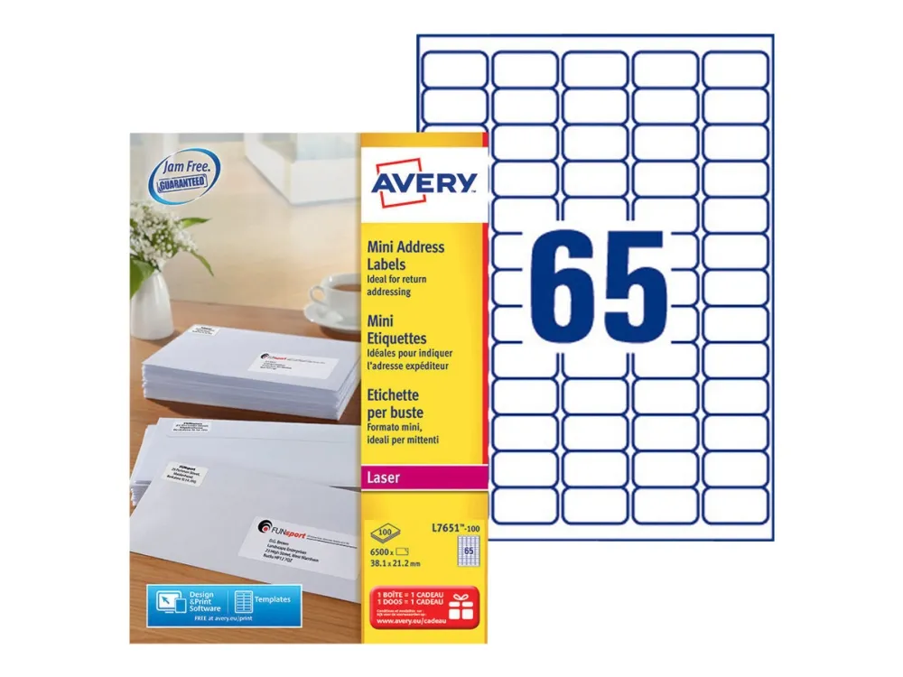 Laseretiket Avery 38,1x21,2 mm hvid med QuickPEEL™ - (100 ark x 65 stk.)