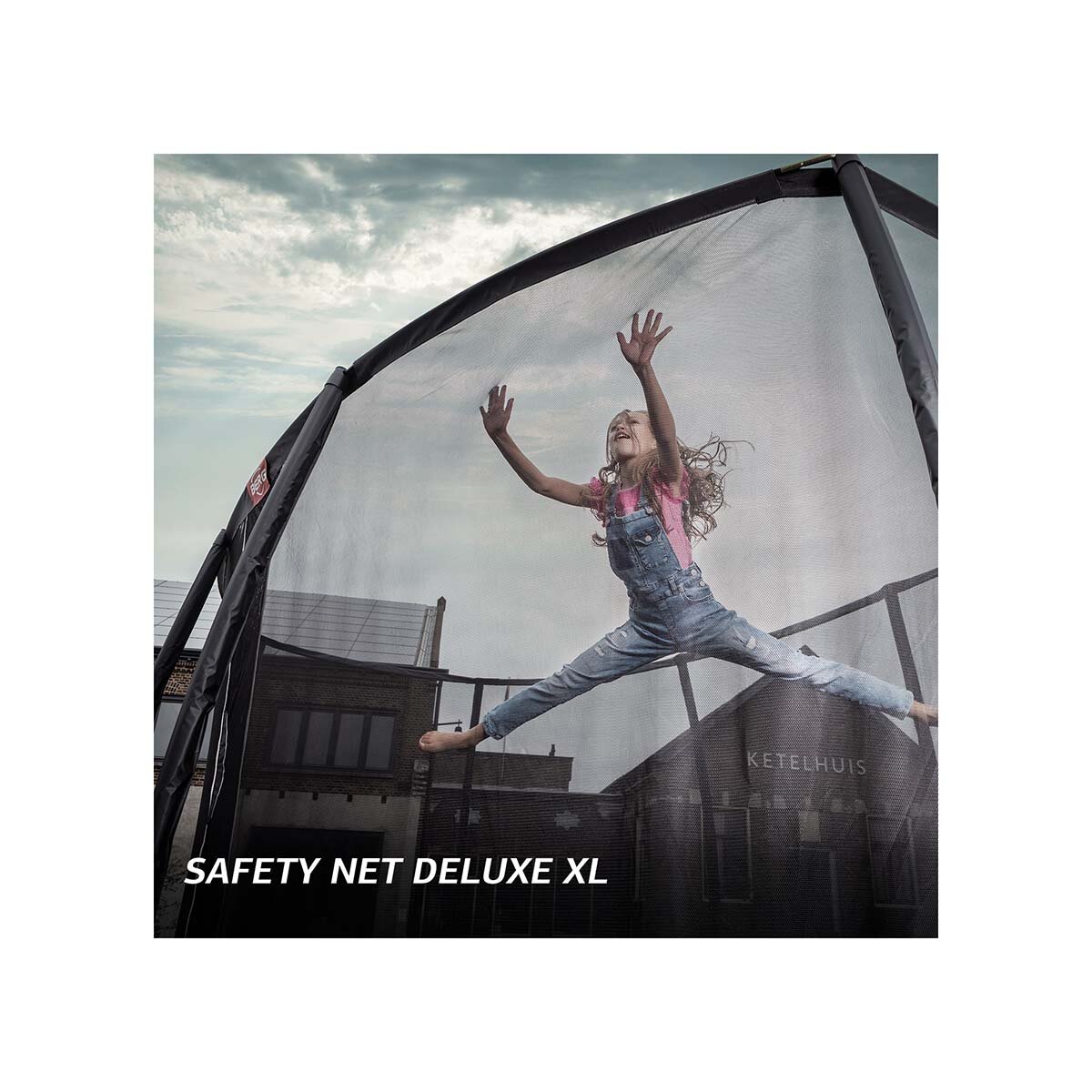 Bergtoys Berg Ultim Elite Trampolin FlatGround Grau 500 cm, Sicherheitsnetz Deluxe XL