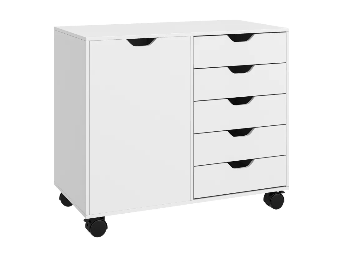 Caisson rangement bureau support d'imprimante 5 tiroirs porte étagère dim. 78L x 40l x 66H cm blanc