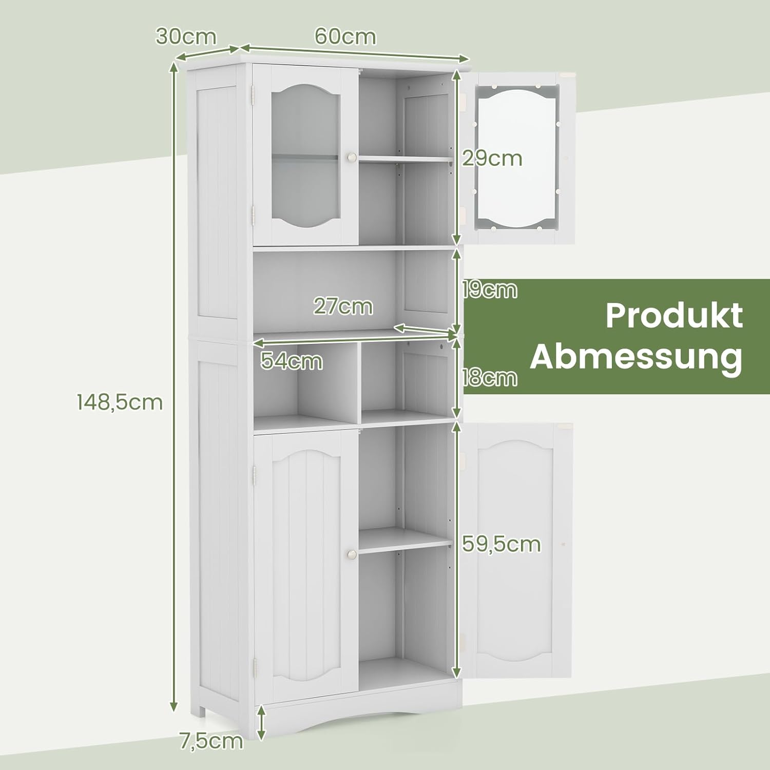 COSTWAY Badezimmerschrank, freistehender Hochschrank mit 4 Türen & Regalen & Verstellbarem Einlegeboden, Badschrank mit Kippschutz für Wohnzimmer, Badezimmer, Küche, Weiß, 60 x 30 x 148,5 cm