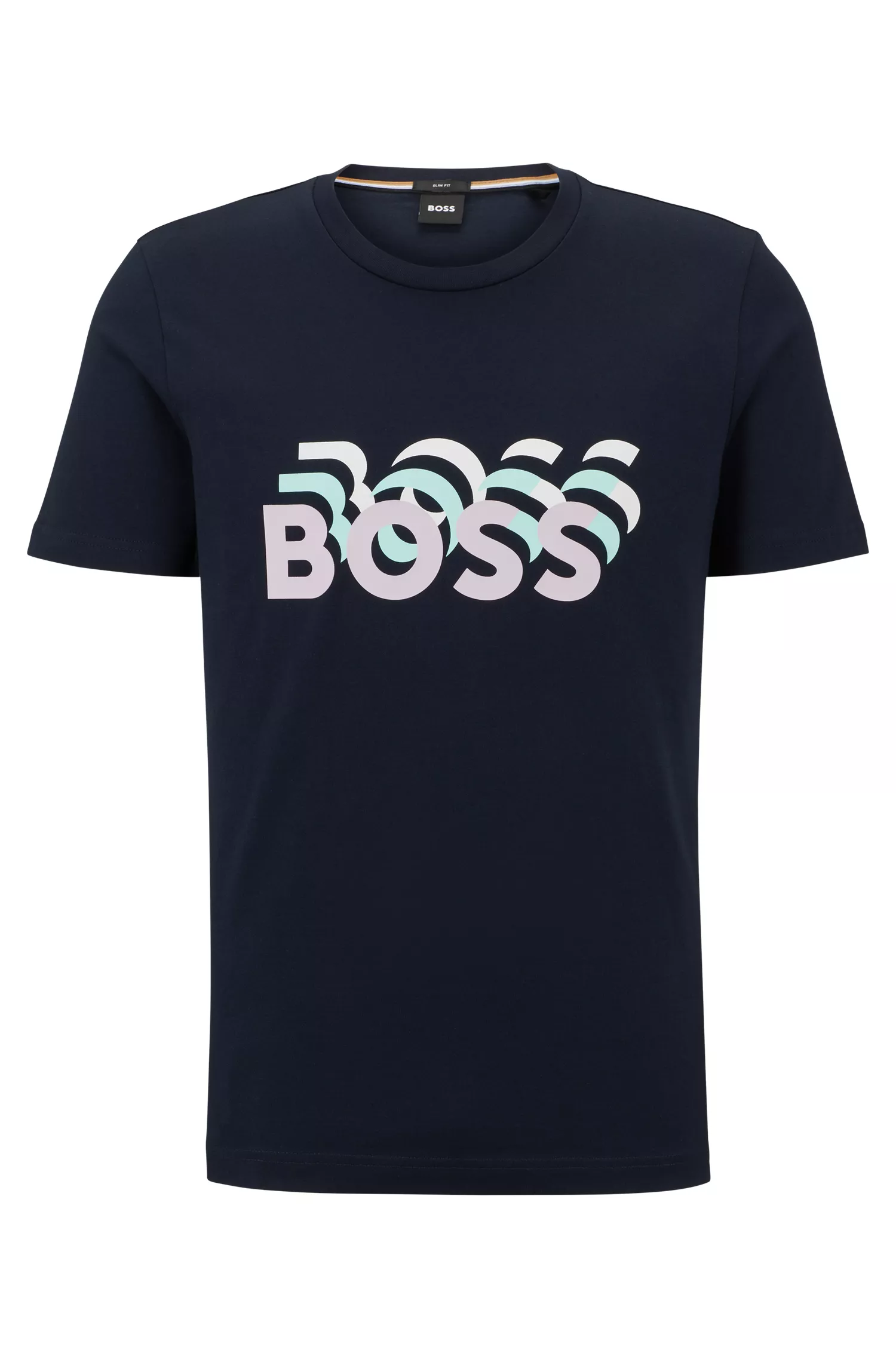 Camiseta BOSS preta de algodão com modelagem slim e logos repetidos.