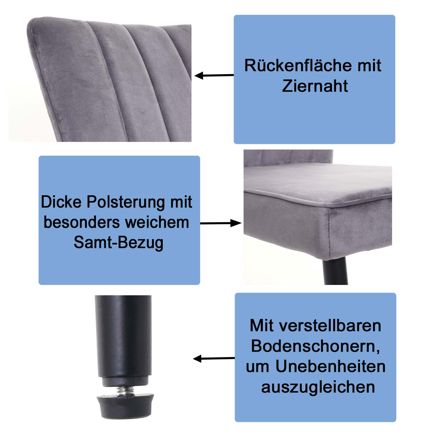 6er-Set Esszimmerstuhl MCW-K16, Stuhl Küchenstuhl, Samt Metall ~ dunkelgrau