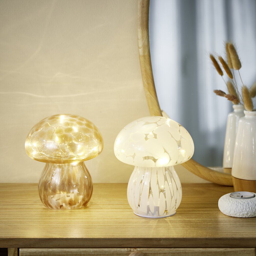 Décoration à poser champignon à LED en verre marron Ø13xH15cm