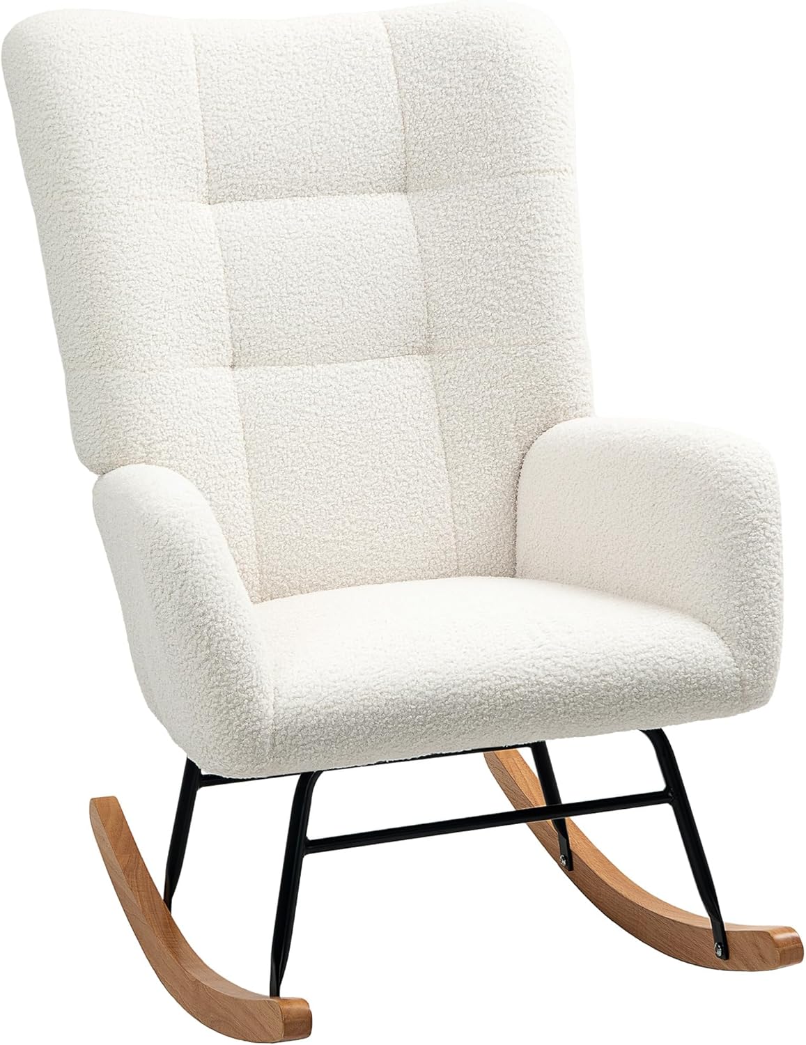 HOMCOM Schaukelstuhl, Schaukelsessel mit Armlehne, Teddysamt-Optik, Relaxsessel mit Holzkufen, Schwingsessel Stillsessel für Schlafzimmer, Wohnzimmer, Cremeweiß