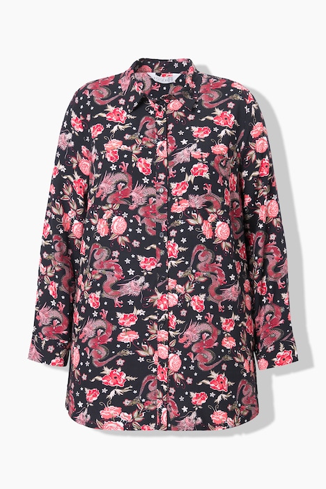 Hemdbluse, Boxy Shape, Asia-Print, Langarm