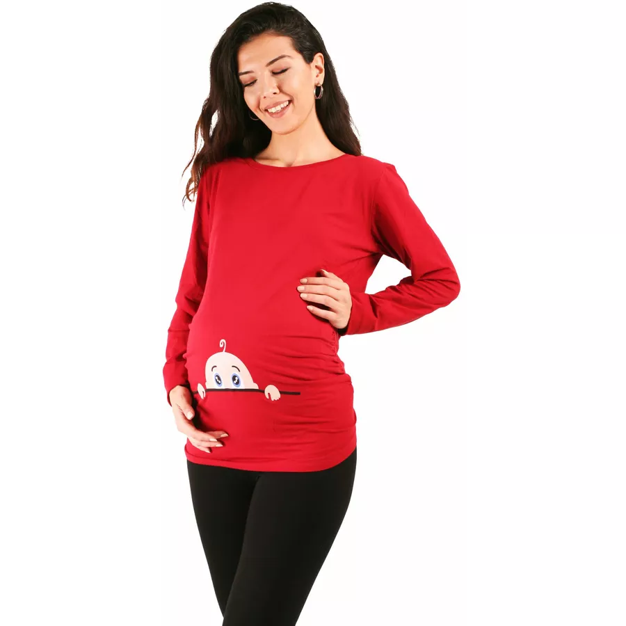 M.M.C. Umstandslangarmshirt Neugieriges Baby mit Motiv Weinrot