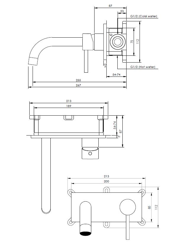 Brauer Gold Edition ColdStart wastafelkraan inbouw gebogen uitloop met achterplaat model A1 geborsteld messing PVD