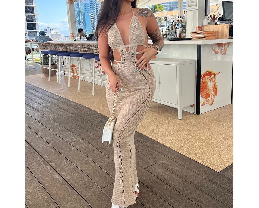 Puffields - Halter Cut Out Effen Maxi Bodycon Jurk