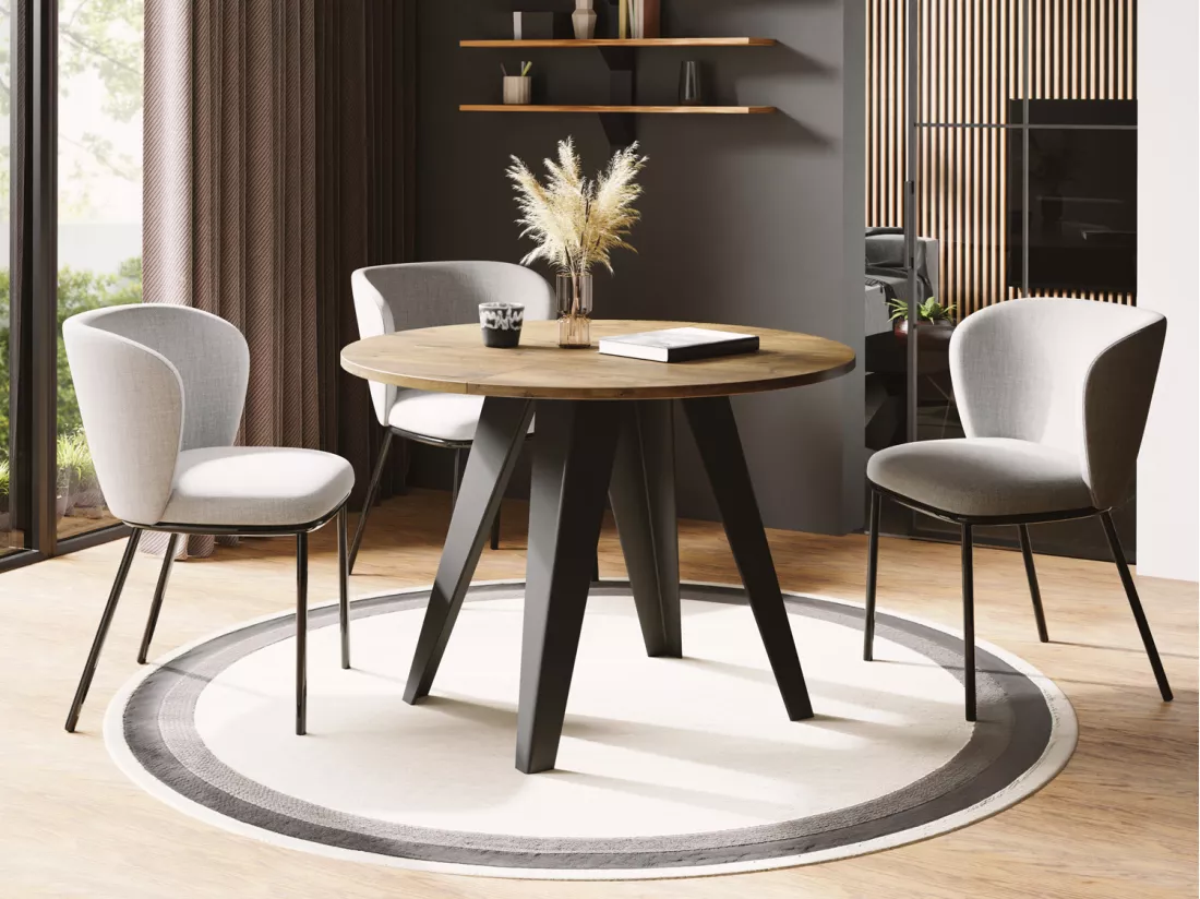 Table De Salle à Manger Ronde De Style Industriel - Moderne - Extensible De 90 Cm à 130 Cm - Pieds Métalliques Noirs - Compact Pour Petite Cuisine Ou Salon - Chêne