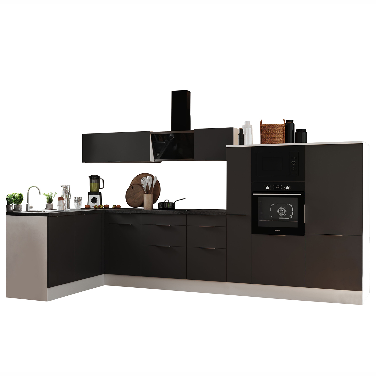 RESPEKTA Winkelküche - grau matt - weiß matt - mit E-Geräten - 370x175 cm