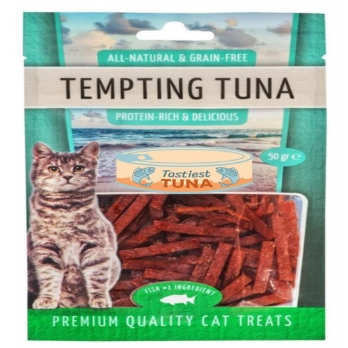 Petiscos naturais para gatos com sabor de salmão, atum, pato e frango.