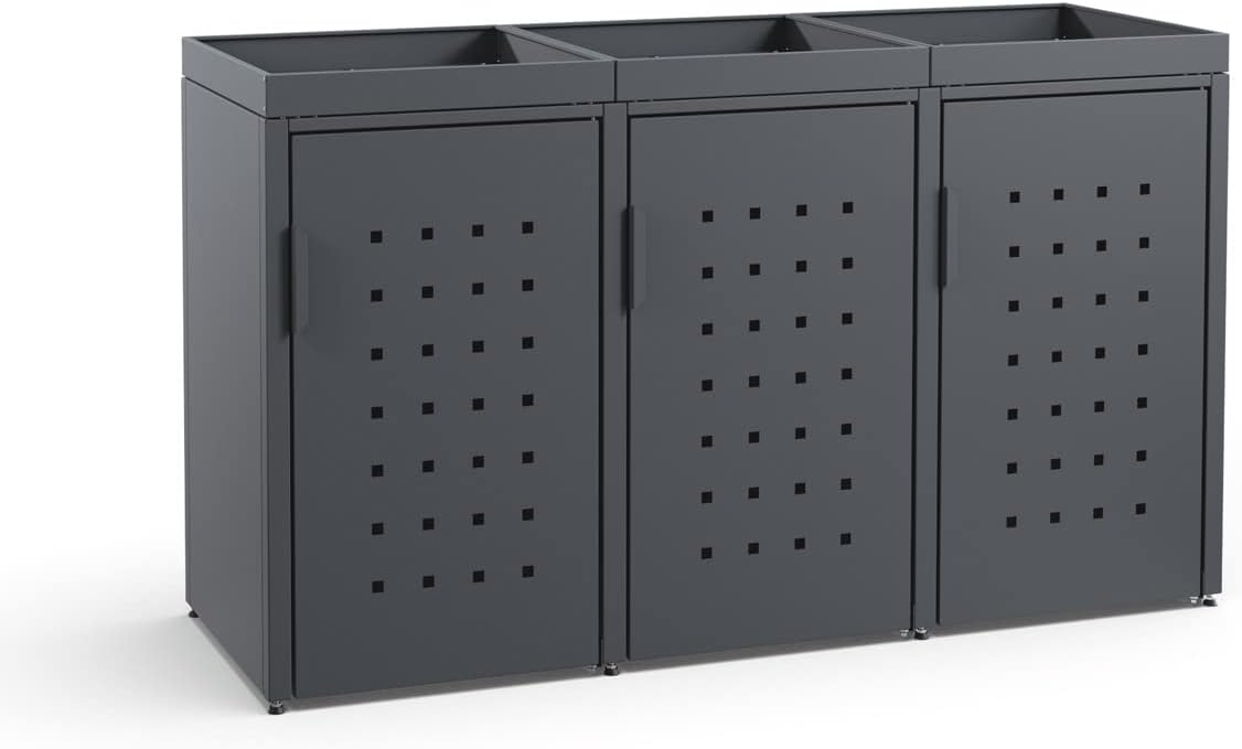 3er Mülltonnenbox Mülltonnenverkleidung mit Pflanzdach - 240L - Korpus, Dach & Pfosten Anthrazit