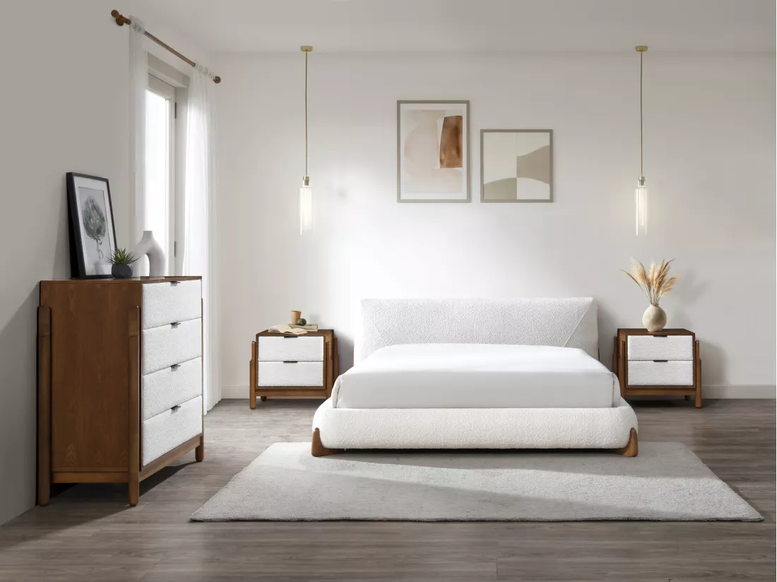 Commode 4 tiroirs - Tissu bouclette - Coloris : Naturel et blanc - GAMURA