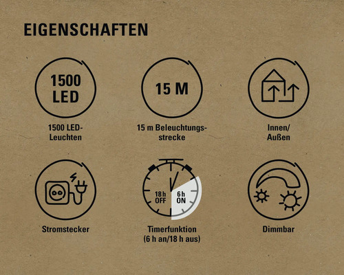 LED-lichtsnoer Lafiora Cluster 15 m + 10 m aansluitdraad 1500 LED's lichtkleur amber