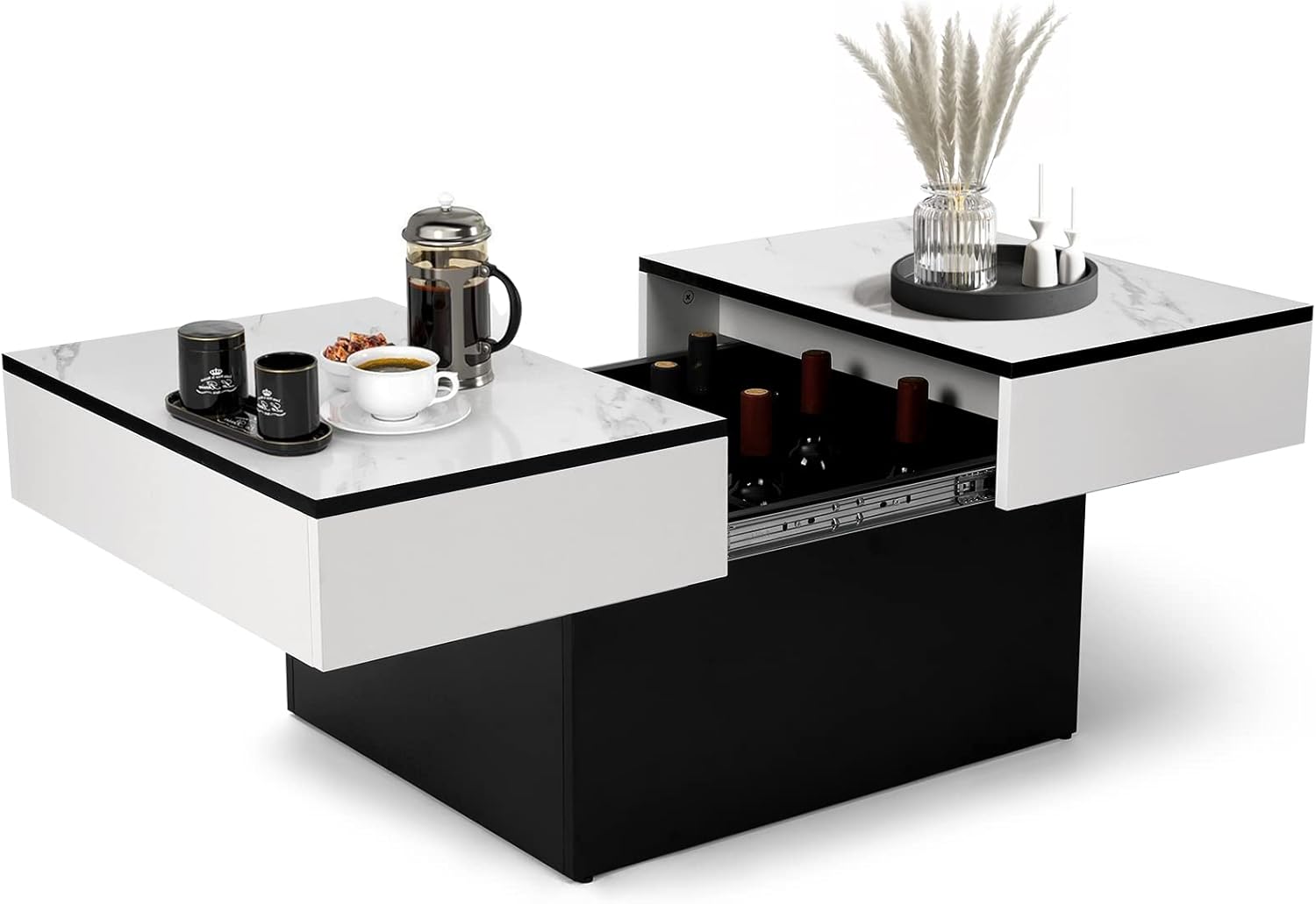 VOWNER Couchtisch, Moderner Couchtisch, Ausziehbarer Schreibtisch, Wohnzimmertisch mit 2 Stauräume, Hochglanz-Finish, 114 x 58 x 40 cm Wohnzimmer Tisch (Weiß Marmorierung)