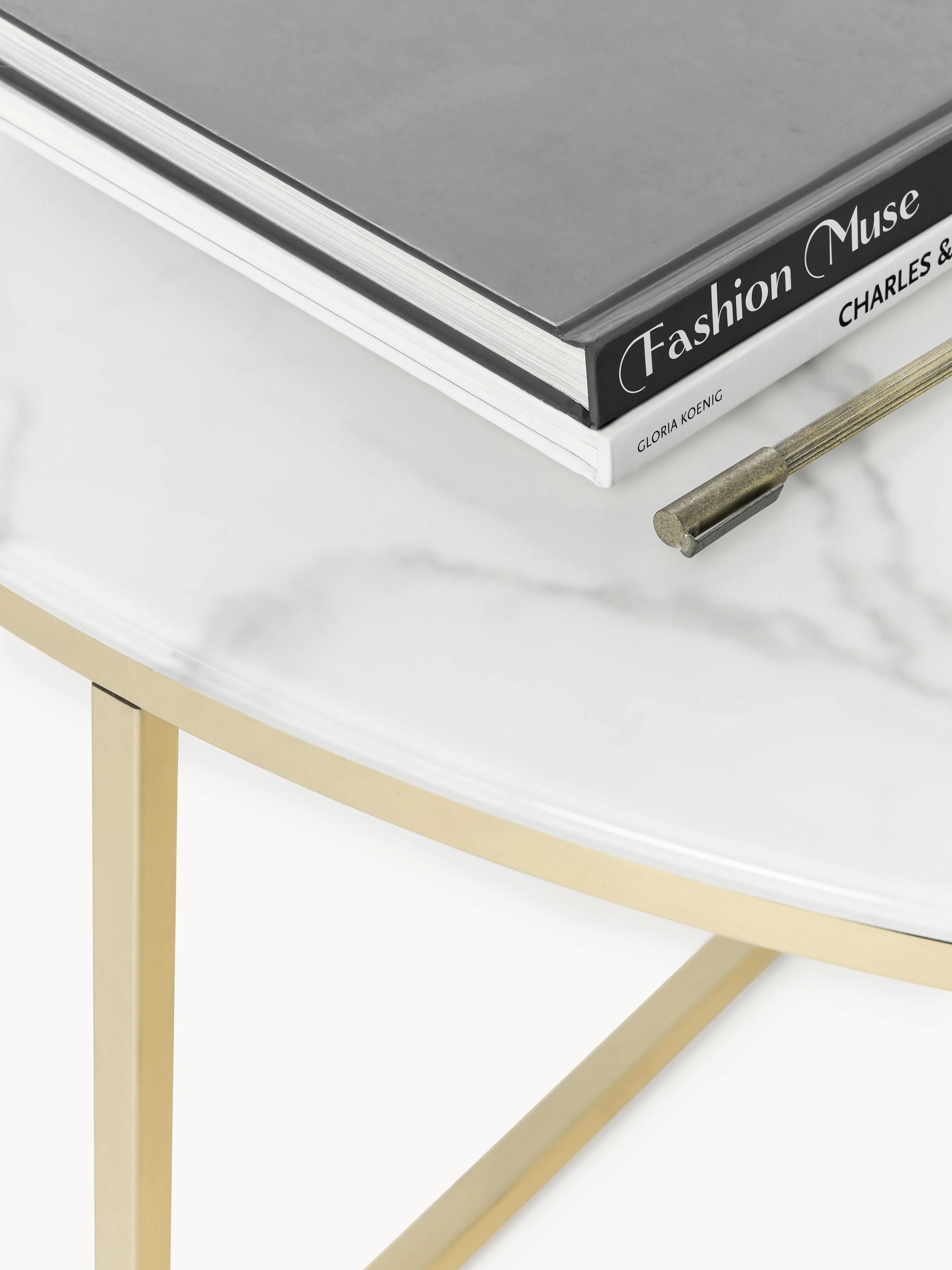 Ronde XL-salontafel Antigua met glazen tafelblad in marmerlook