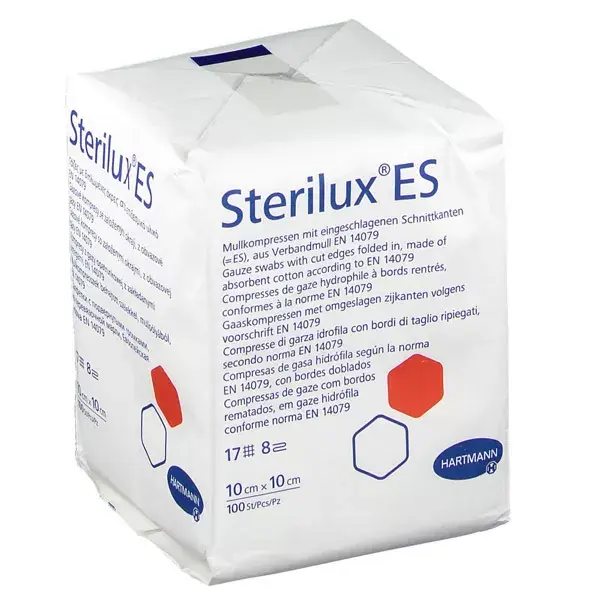 Compressas de gaze hidrofílica não estéril Hartmann Sterilux-ES, 8 camadas, 17 fios, embalagem avulsa, 10 x 10 cm, 100 unidades.