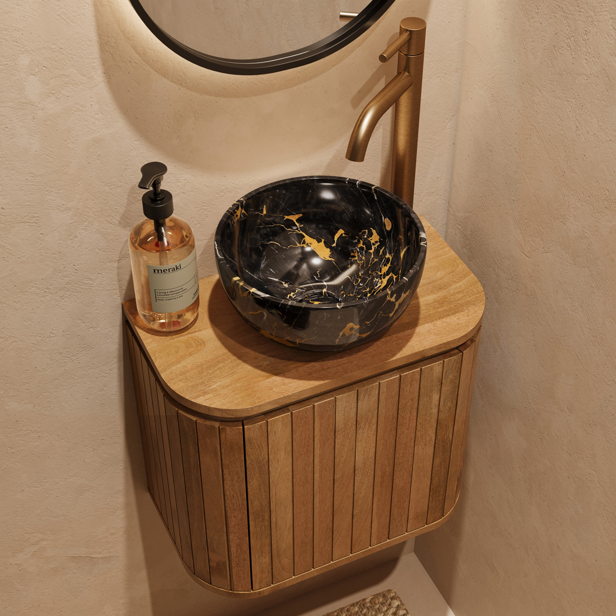 Livli Estrela toiletmeubel rechts 40cm ribbelfront met Athens Portoro Gold waskom