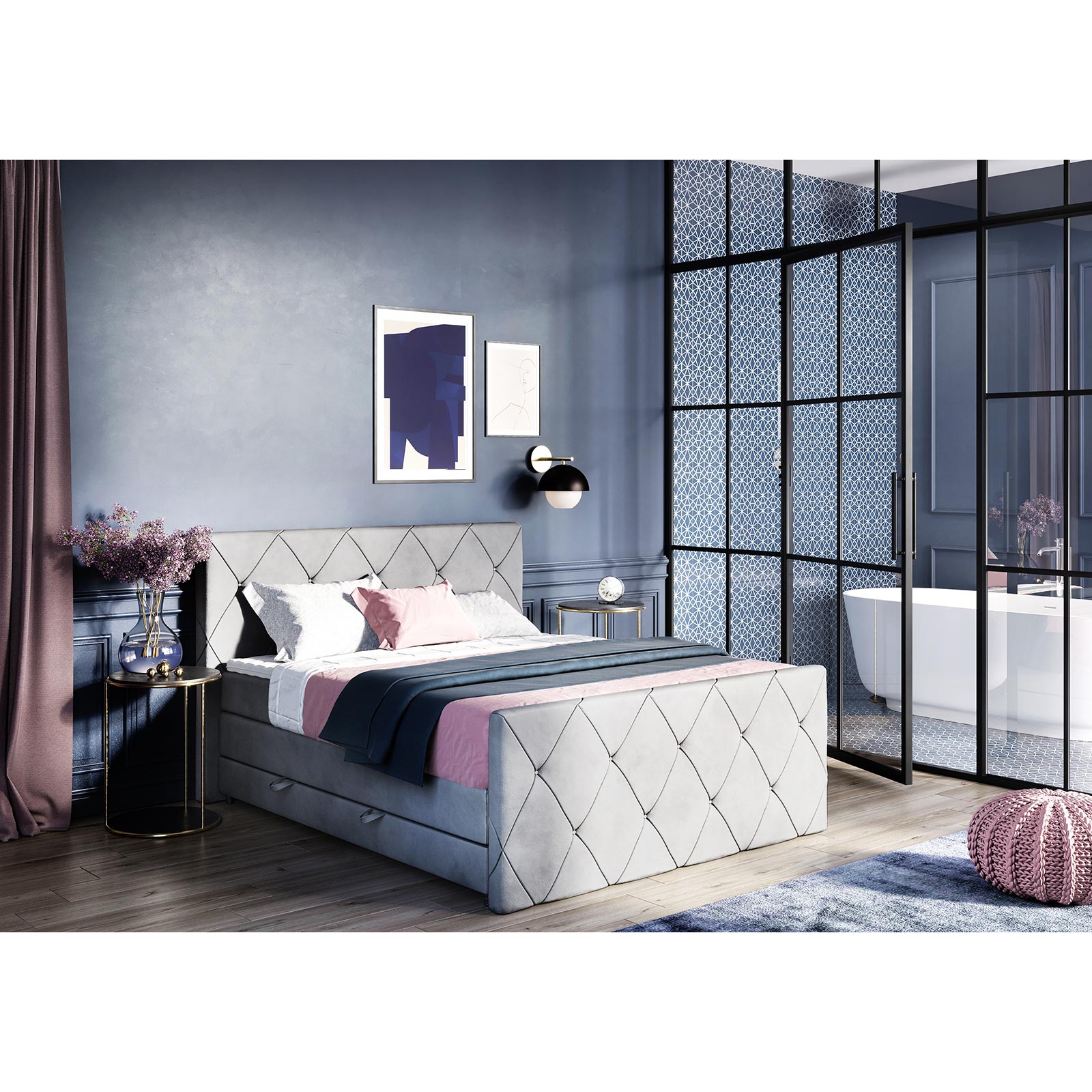 Boxspringbett - silber - H3 - mit Bettkasten - 140x200 cm