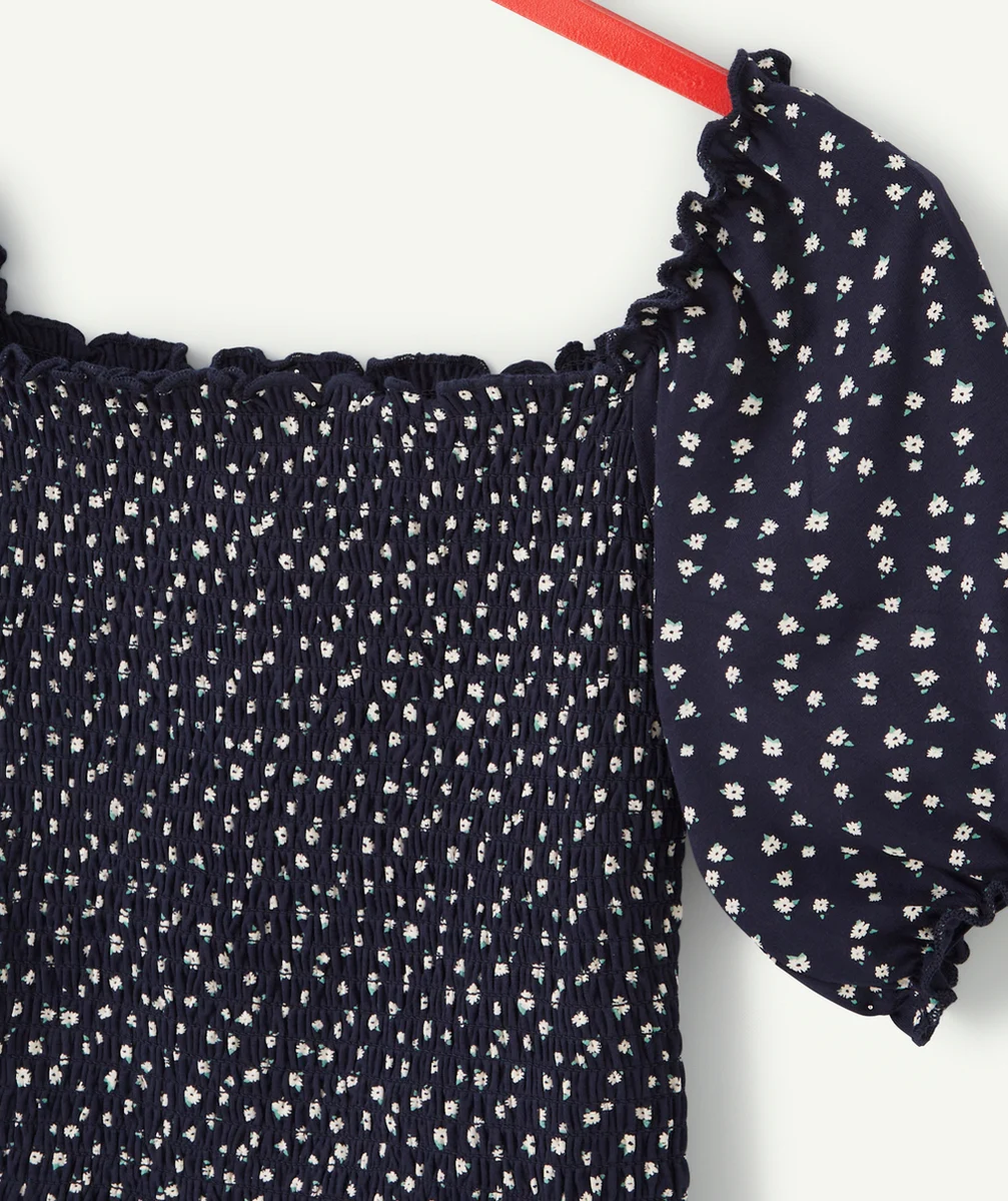 T-SHIRT COL BARDOT FILLE BLEU MARINE AVEC IMPRIMÉ FLEURI